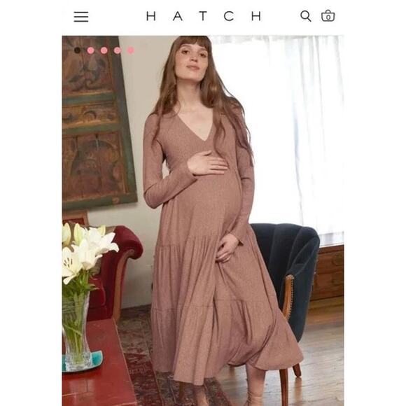 Hatch Maternity Elize Auburn/Gold Lurex Tiered V-Neck Midi Dress - Picture 1 of 11